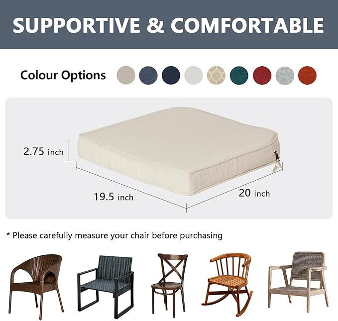 Goodgoods 19.5 x 20 Outdoor Chair Cushions Set of 4, Fade-Resistant & Water-Resistant Patio Seat Cushion Pads with Ties, 30D High-Resilience Foam for Dining Room Kitchen Chairs, Almond