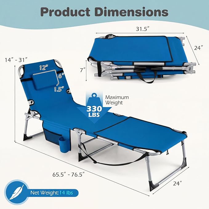 Goplus Tanning Chair with Face Arm Holes, Portable Sunbathing Chair with 4-Level Backrest & Head Pillow, Patio Lay Flat Folding Chaise Lounge with Side Pocket & Shoulder Strap for Poolside, Beach