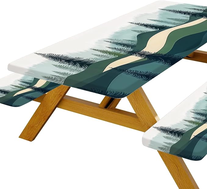 Picnic Table Cover with Bench Covers, Green Blue Camping Tablecloth Waterproof Windproof, Fitted Tablecloth Cover with Elastic Edge, for Indoor & Outdoor, Garden, Camping, 3 Pieces Set, 30x60 Inch