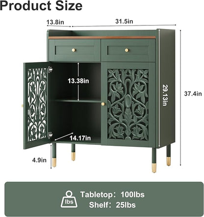 3More Sideboard Buffet Cabinet with Retro Carving Pattern,Kitchen Pantry Storage Cabinet with 1Drawer & 2 Doors，Coffee Bar for Living Room,Kitchen,Dining Room,Green