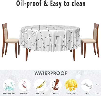 White Check Round Tablecloth 70x70 Inch Classic Stripes Table Cloth Dust-Proof Circle Table Cover Protector for Home Restaurant Picnic Camping BBQ Waterproof Resistant Polyester Tablecloths