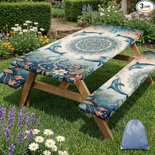 Picnic Table Cover with Bench Covers, Coastal Camper, 3PCS, 72 Inch | Waterproof fitted tablecloth with elastic edges outdoor camping essentials drawstring bag