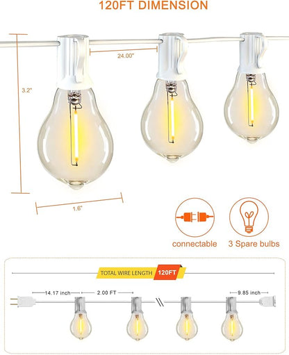 White Outdoor String Lights 120FT Waterproof Lighting for Patio Wedding | 2FT Bulbs Spacing,120FT Connectable White Outdoor Lights with 63 Plastic Dimmable LED Bulbs for Garden Bistro Balcony Party