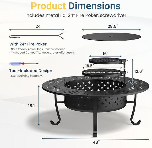 Wisteria Lane 3 in 1 48" Extra Large Fire Pit for Outside Wood Burning with 2 Adjustable Grills, Outdoor Fireplace with Lid and Fire Poker, BBQ & Bonfire & Round Metal Table for Patio, Backyard