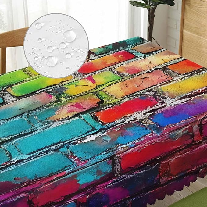 Table Cloth Graffiti Brick Wall, Rainbow Stone Wall Farmhouse Tablecloth Soft Table Cover Tablecloth for Kitchen Dinning Tabletop Decoration, 52x70 Inch Fitted Tablecloths