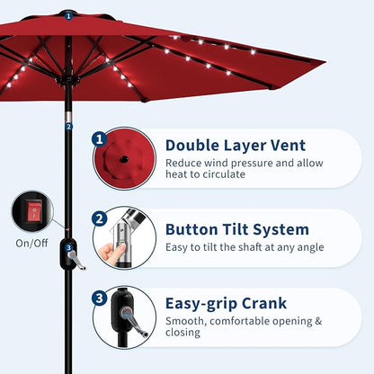 Garvee patio Umbrella with Solar Lights, Outdoor Table Umbrella with 8 Durable Ribs, Tilt & Crank Mechanism, Waterproof & UV Protection for Garden, Backyard, Poolside,