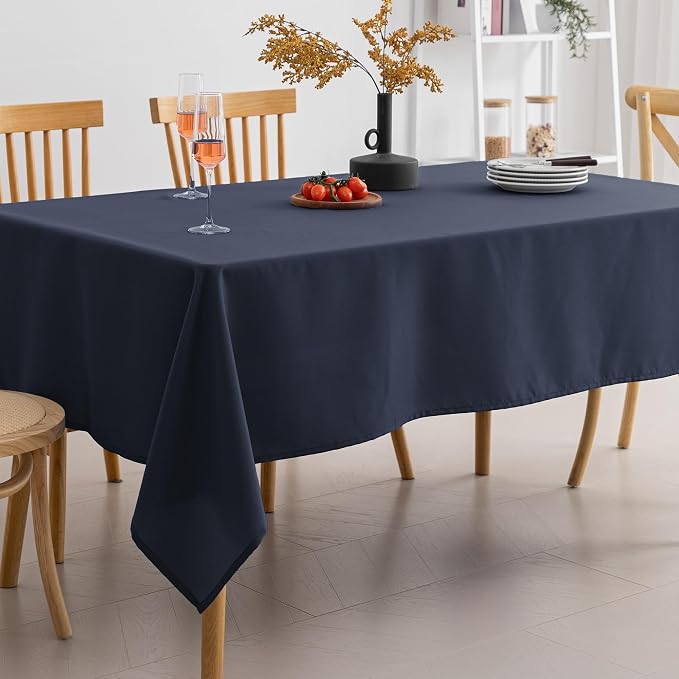 Amazon Basics Thin Rectangle Tablecloths, Water-Resistant Textured Fabric, Wrinkle Resistant, Washable Decorative Table Cover for Dining, Parties, 52" x 70", Navy Blue, Pack of 2