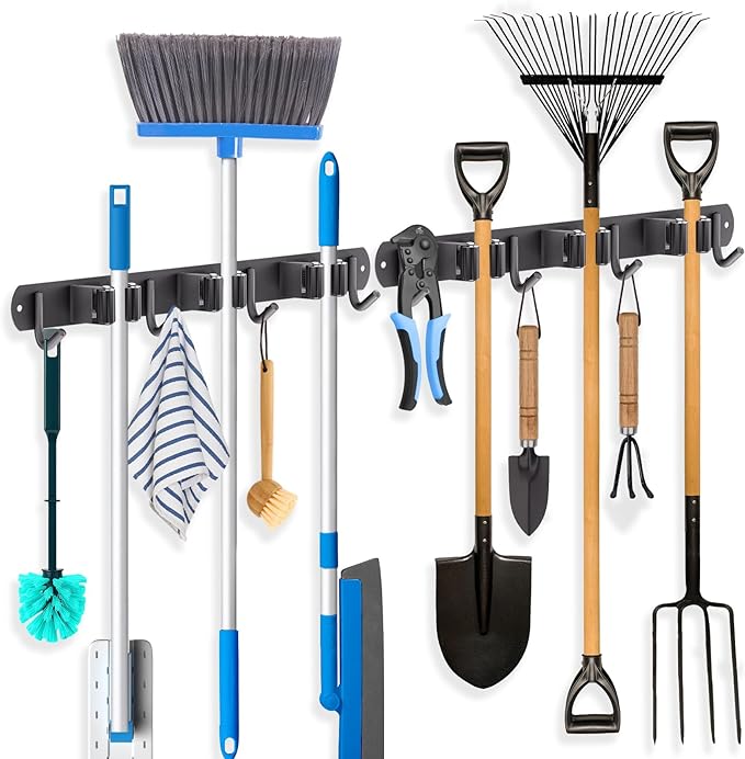 ZONGOOL 2 Pack Mop Broom Holder Wall Mount 3 Racks 4 Hooks Storage Black | 304 Rustproof Stainless Steel Broom Hanger, Non-Slip Wall Mount Organizer, Space Saving For Kitchen, Laundry, Garden
