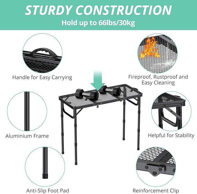 VINTEAM Folding Grill Table with Mesh Top, 3 Adjustable Heights, Lightweight Portable Camping Table, Black Aluminum Alloy BBQ Picnic Table for Outdoor Cooking, Tailgating, Beach, RV & Backyard