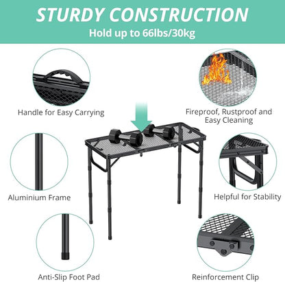 VINTEAM Folding Grill Table with Mesh Top, 3 Adjustable Heights, Lightweight Portable Camping Table, Black Aluminum Alloy BBQ Picnic Table for Outdoor Cooking, Tailgating, Beach, RV & Backyard