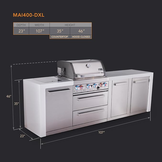 Mont Alpi Premium 107"W x 23"D Deluxe Stainless Steel Modular Outdoor Kitchen Island with Infrared Side Burner + 32"W 4-Burner BBQ Gas Grill + White Granite Countertops + Storage Cabinets + Cover