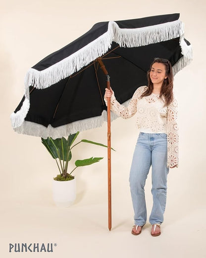 6 Ft Fringe Patio Umbrella - Outdoor Umbrella for Patio, Pool, Table, Garden, Deck, Beach, and Outdoors - Fashionable Boho Vintage Tassels & Wood Print - Push Button Tilt Pole