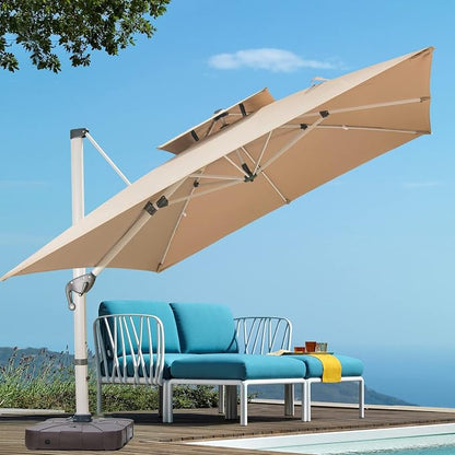 Cantilever Patio Umbrella with Cross Base and Cover Included - 360° Rotation Large Heavy Duty Offset Outdoor Umbrella with Easy Tilt for Pool Backyard Deck Garden (10x10 FT Khaki)