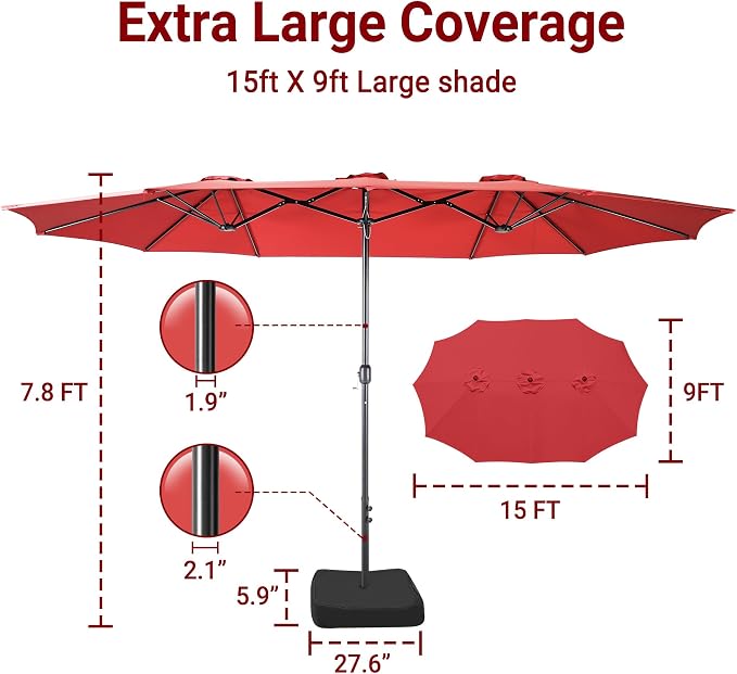 15ft Patio Umbrella with Base, 10-Year-No-Fade Large Outdoor Double-Sided Market Umbrella with UPF50+Terylene Polyester Fabric and Crank for Poolside Garden Deck Backyard Beach Pools