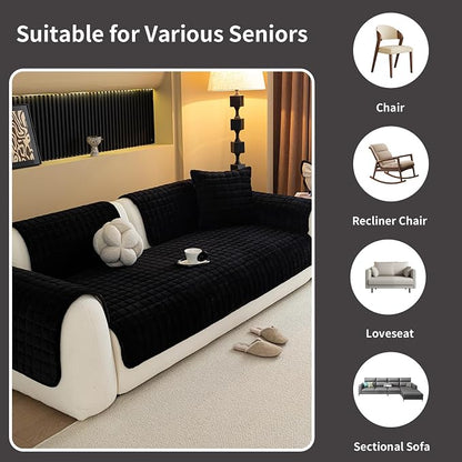 Velvet Couch Cover, Plush Sectional Sofa Cover Washable, Anti Slip Sofa Slipcover for 3 Cushions Sofas, Furniture Protector Covers for Pets & Kids(1PC, Black, 35.4"×71", 3-Seater)