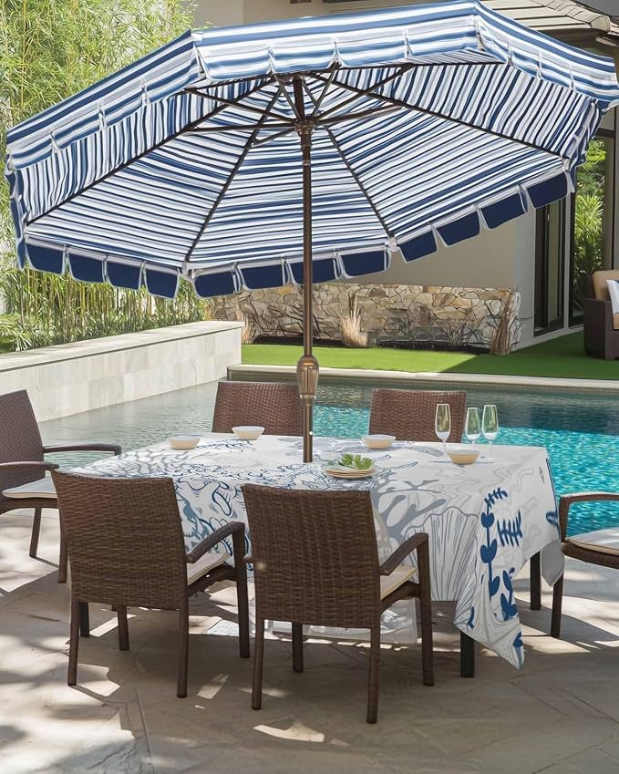 Blue Coastal Outdoor Tablecloth - 54x80 Inch Rectangle Waterproof Dining Table Cover, Nautical Summer Beach Sea Turtle Coral Outdoor Table Cloth with Umbrella Hole & Zipper for Picnic/Patio