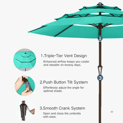 Kingdura 9ft 3-Tier Patio Umbrella, Outdoor Table Umbrella with Easy Crank & Tilt, 8 Reinforced Ribs, UV Protection for Deck, Pool, Market, Backyard (Tiffany blue)