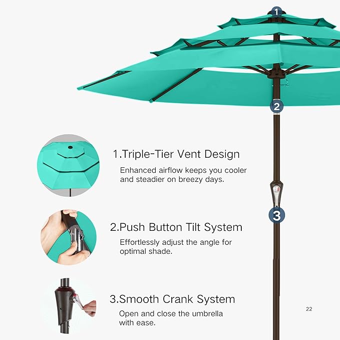 Kingdura 10ft 3-Tier Patio Umbrella, Outdoor Table Umbrella with Easy Crank & Tilt, 8 Reinforced Ribs, UV Protection for Deck, Pool, Market, Backyard (Tiffany blue)