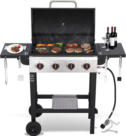 4-Burner Propane Gas Grill, 40,000 BTU Portable BBQ Grill with Cast Iron Grates & Foldable Side Shelves, Small Outdoor Gas Grill for Backyard Patio Camping Tailgating, Black