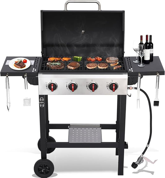 4-Burner Propane Gas Grill, 40,000 BTU Portable BBQ Grill with Cast Iron Grates & Foldable Side Shelves, Small Outdoor Gas Grill for Backyard Patio Camping Tailgating, Black