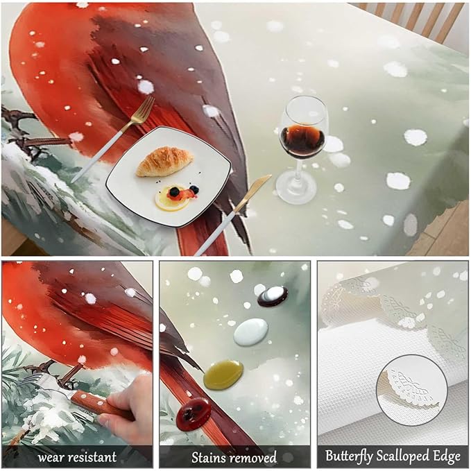 Swono Cardinal Bird Tablecloth Winter Cardinal Bird Red Rectangle Table Cloth Washable Plaid Table Cover for Kitchen Holiday Dinner, 52x 70 Inch Tablecloth