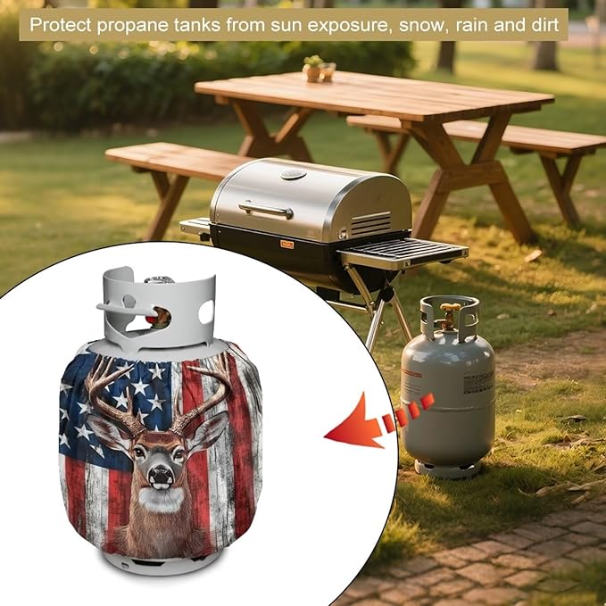 Propane Tank Cover 20lb Gas Tank Cover Outdoor 600D Heavy Duty Waterproof Covers Fits Standard 20 lb Cylinder, 13.7'' x 16.5'' American Flag Deer