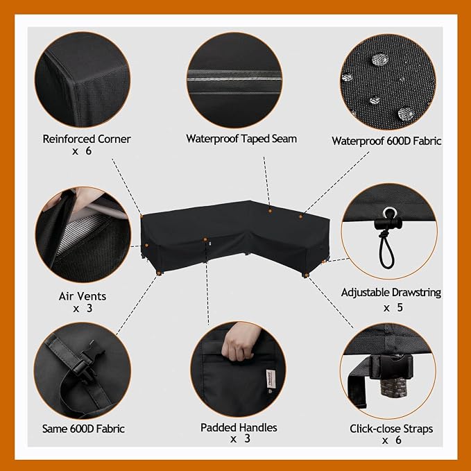 Heavy Duty Outdoor Sectional Sofa Cover, Waterproof 600D Patio Sectional Couch Covers, Lawn Patio Furniture Cover (Midnight Black, 130"x100"(L-Shaped-Right Facing))