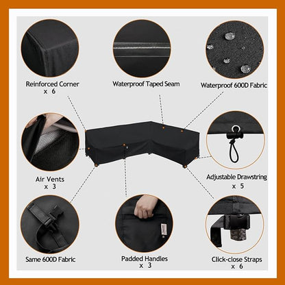 Heavy Duty Outdoor Sectional Sofa Cover, Waterproof 600D Patio Sectional Couch Covers, Lawn Patio Furniture Cover (Midnight Black, 130"x100"(L-Shaped-Right Facing))