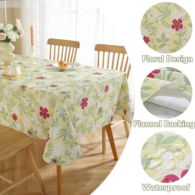 Summer Vinyl Tablecloth with Flannel Backing Rectangle 60 x 102 Inch | Spring Eucalyptus Leaves Waterproof & Non Slip Table Cloth, Plastic Table Cover for Dining, Party, Picnic, Outdoor