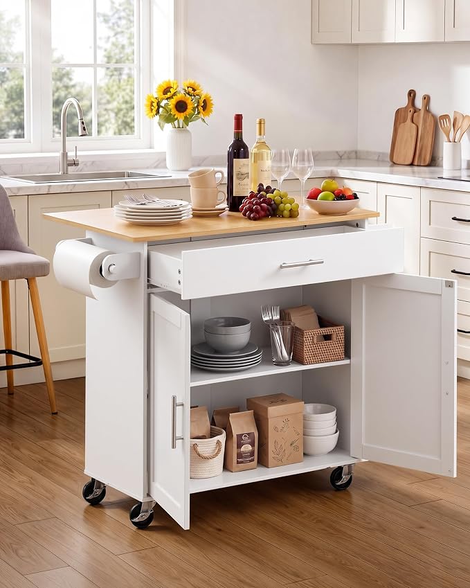 VEVOR Kitchen Island Cart with Storage, 42.28 in Wide Mobile Rolling Storage Island on Swivel Wheels, with Drawer, Storage Cabinet, Drop Leaf, Spice Rack, Table for Home Dining Room, White