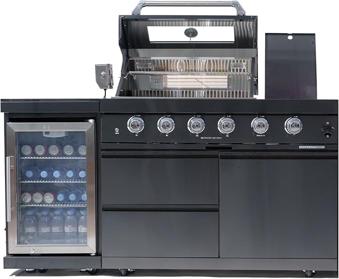 46-Inch Outdoor Kitchen Island Gas Grill with Refrigerator, 4-Burner Stainless Steel BBQ Grill Station with Side Burner, Rotisserie Kit & Granite Countertop