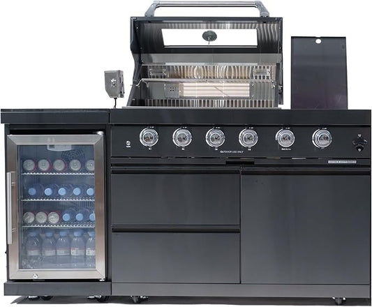 46-Inch Outdoor Kitchen Island Gas Grill with Refrigerator, 4-Burner Stainless Steel BBQ Grill Station with Side Burner, Rotisserie Kit & Granite Countertop