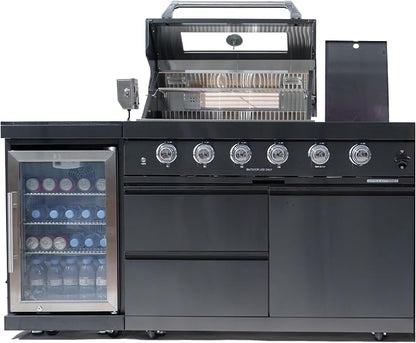 65-Inch 4-Burner 72000 BTU Stainless Steel Outdoor Kitchen Island Propane Gas Grill + Wine Cooler Refrigerator + Rotisserie Kit + Granite Countertops - For Large Backyard Gatherings, Black