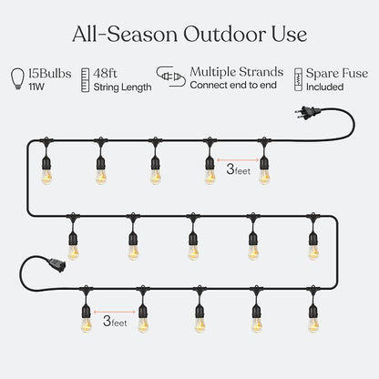 Brightech Ambience Pro Incandescent Outdoor String Lights - Commercial Grade Waterproof Patio Lights with 48 Ft Dimmable Edison Bulbs, Porch String Lights for Patio, Backyard - 15 Bulbs 11W