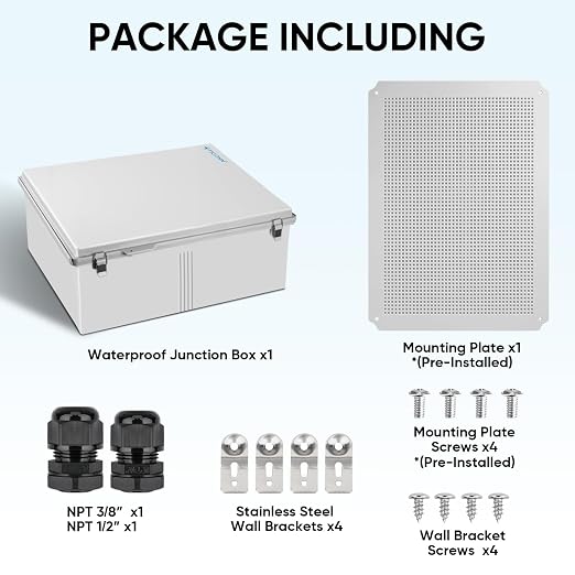 TICONN Outdoor Electrical Box Waterproof, Junction Box IP67 ABS Plastic Enclosure with Hinged Cover with Mounting Plate, Wall Brackets, Cable Glands (Off-White, 17.7"x13.8"x7.9")