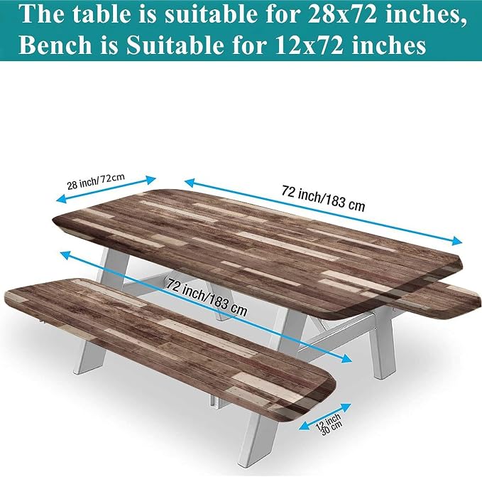 Wood Grain Picnic Table & Benches Cover, Floor Textured Planks Panels Rustic Hardwood, 28x72 Inch, 3-Piece Set, Elastic Edged Table Cover for Travel Christmas Picnics Parties Outdoor