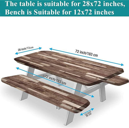 Wood Grain Picnic Table & Benches Cover, Floor Textured Planks Panels Rustic Hardwood, 28x72 Inch, 3-Piece Set, Elastic Edged Table Cover for Travel Christmas Picnics Parties Outdoor