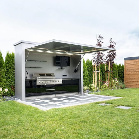 Modular Outdoor Kitchen, Premium Outdoor Cooking Island with Grill, Oven, Refrigerator, Bar Counter and Sink, Automatic Lift Door Design with Built-in Lighting for Garden BBQ Outdoor Cooking