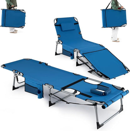Goplus Tanning Chair with Face Arm Holes, Portable Sunbathing Chair with 4-Level Backrest & Head Pillow, Patio Lay Flat Folding Chaise Lounge with Side Pocket & Shoulder Strap for Poolside, Beach