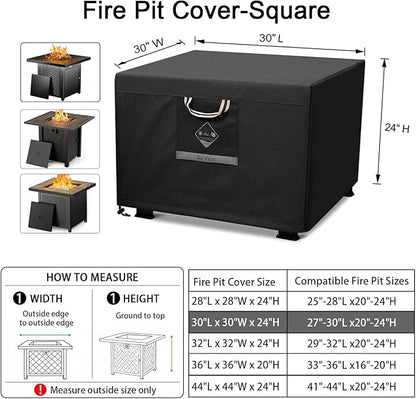 QH.HOME Fire Pit Cover Square Heavy Duty Fabric 100% Waterproof, Fits Outdoor for 29”,30 inch Fire Pit/Table Cover,Gas Fire Pit Cover (30”L x 30”W x 24”H,Black)