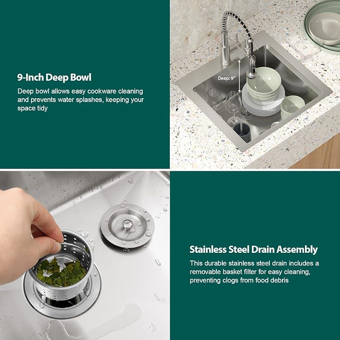 21 Inch Outdoor Kitchen Sink with Faucet - 21x20 Drop In Workstation 16 Gauge Stainless Steel Single Bowl Topmount Outdoor Wet Bar Sink with Stainless Steel Dust-Proof Cover #TLT-0068