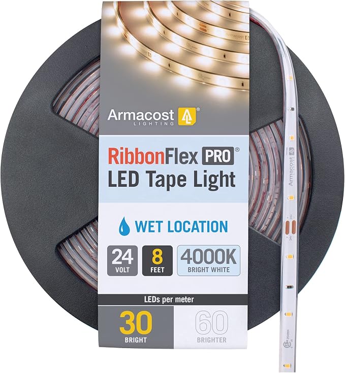 Armacost Lighting RibbonFlex Pro Bright White (4000K), 30LEDs/M, 2.5M, 24V Outdoor Tape Light, 8.2 ft (154410)