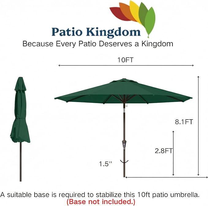 10FT Patio Umbrella Outdoor Market Umbrella with Crank and Tilt, 8 Flexible Fiberglass Ribs, UV-Resistant Waterproof Canopy for Patio, Deck, Garden, Backyard, Forest Green