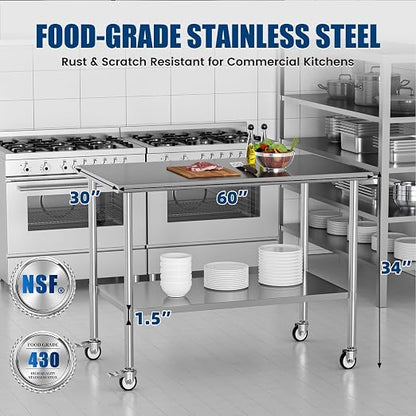 Stainless Steel Work Table with Wheels, 30x60 Inch NSF Kitchen Prep Table with Adjustable Undershelf for Commercial Restaurant, Garage, Outdoor BBQ