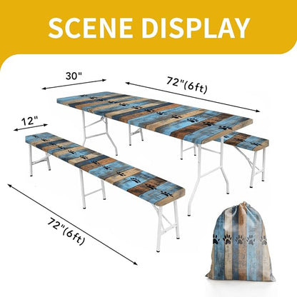 Picnic Table Cover with Bench Covers, 72 X 30 Inch Elastic Fitted Camping Tablecloth with Strap Design for 6FT Rectangle Tables, Windproof Outdoor Tablecloth Set with Storage Bag