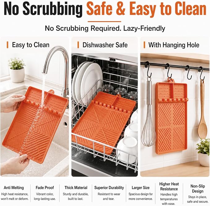 Silicone Grill Mat for Blackstone Griddle, 16x11.5 Extra-Thick Non-Slip Spatula Holder Mat with Grease Drip Pad, Heat Resistant BBQ Utensil Organizer for Side Shelf, Ideal Gifts for Men (Orange)