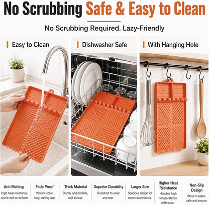 Silicone Grill Mat for Blackstone Griddle, 16x11.5 Extra-Thick Non-Slip Spatula Holder Mat with Grease Drip Pad, Heat Resistant BBQ Utensil Organizer for Side Shelf, Ideal Gifts for Men (Orange)