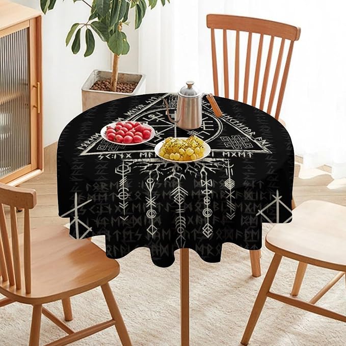 Vintage Viking Pattern Round Tablecloth, Gothic Helm of Terror Scandinavian Viking Seasonal Table Cloth Waterproof Wipeable Table Cover for Picnic Holiday Party Kitchen Dining 36"