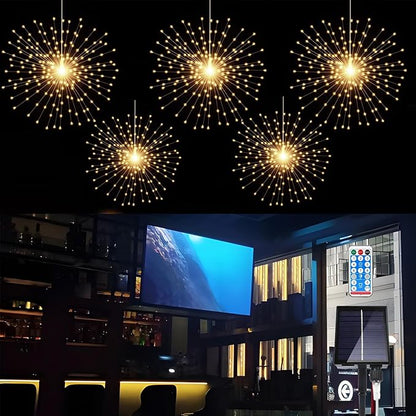 GTSYDING 5 Pack Solar Firework Lights, 450 LED 8 Modes Dimmable Waterproof Hanging DIY Starburst Fairy Lights with Remote Timer for Garden Indoor Outdoor Decoration (Warm White, 450)