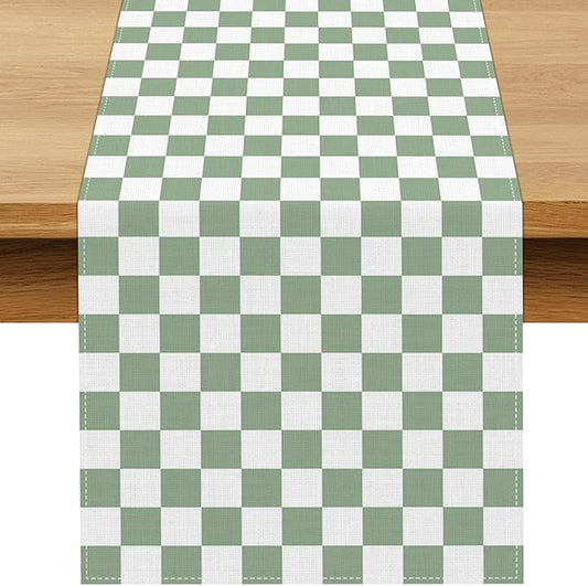 Sage Green Checkered Table Runner Green and White Classic Checkerboard Table Decorations for Wedding Birthday Bridal Baby Shower Home Party Kitchen Island Decor (Sage Green, 13" x 72")